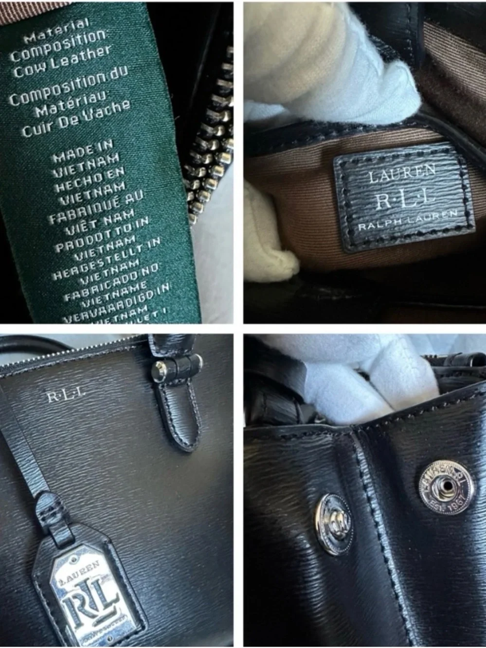 RALPH LAUREN NEWBERY DOUBLE ZIP SATCHEL BAG IN BLACK STRUCTURED LEATHER